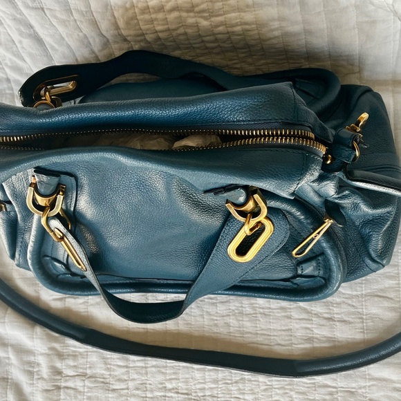 Chloé Turquoise Blue Leather Paraty 2-Way Shoulder Bag  Chloe Parati Large Handbag Peacock Blue / Teal